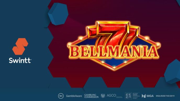 Promotional graphic for Swintt’s new slot game Bellmania, featuring a bold red “7” and the game’s title in gold lettering