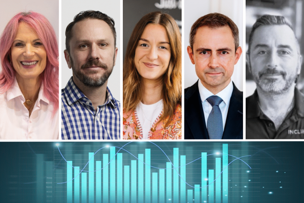 Sue Page, Eberhard Dürrschmid, Freya Buckingham, David Watkins, and Haig Sakouyan, featured in The Bet Press roundtable on data-driven strategies, with a financial chart in the background